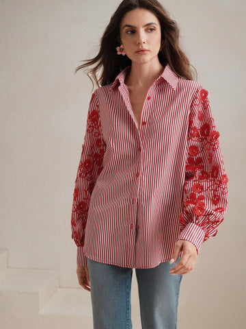 Loose Fit Blue & White Striped Patchwork Embroidered Blouse