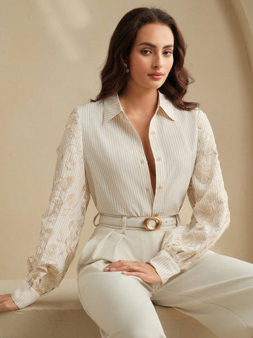 Loose Fit Blue & White Striped Patchwork Embroidered Blouse