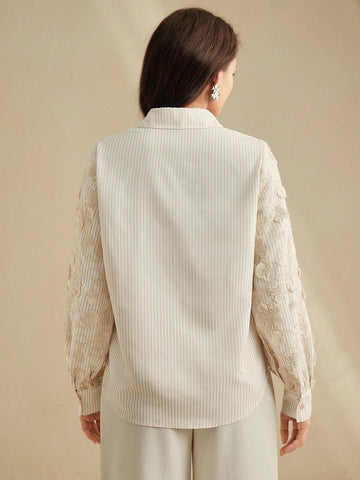 Loose Fit Blue & White Striped Patchwork Embroidered Blouse