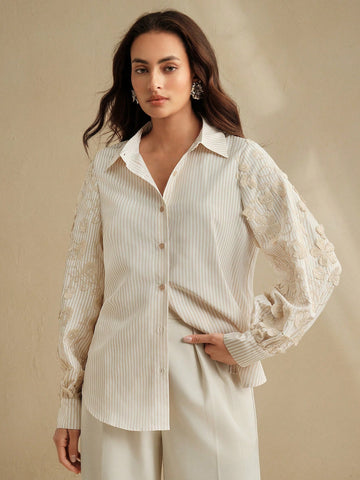 Loose Fit Blue & White Striped Patchwork Embroidered Blouse