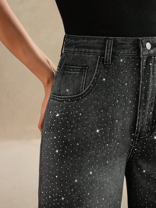 Anewsta Vintage Heavy Bling Decor Loose Casual Wide Leg Jeans
