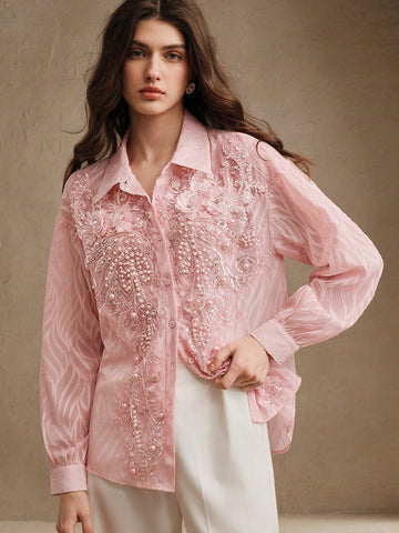 Anewsta Vintage French Elegant Floral 3D Beaded Hollow Out Long Sleeve Jacquard Casual T-Shirt