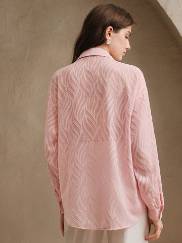 Anewsta Vintage French Elegant Floral 3D Beaded Hollow Out Long Sleeve Jacquard Casual T-Shirt