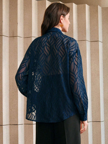 Anewsta Vintage French Elegant Floral 3D Beaded Hollow Out Long Sleeve Jacquard Casual T-Shirt