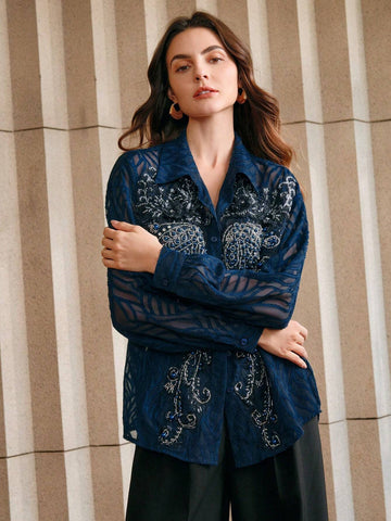 Anewsta Vintage French Elegant Floral 3D Beaded Hollow Out Long Sleeve Jacquard Casual T-Shirt