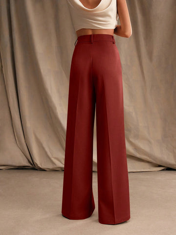 Anewsta Casual Straight High Waist Solid Color Trousers