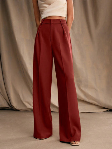 Anewsta Casual Straight High Waist Solid Color Trousers