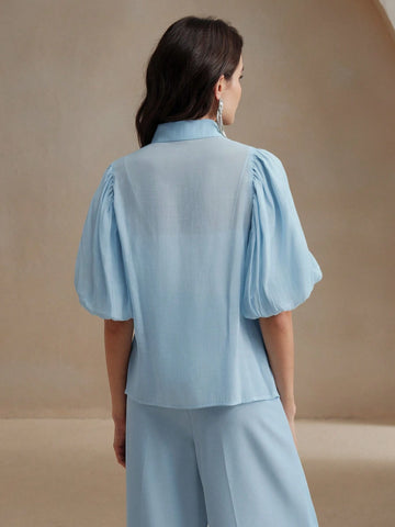 Women's Elegant Puff Sleeve Decorative Flower Mallard Color Blouse Women Shirt
