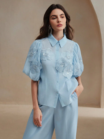 Women's Elegant Puff Sleeve Decorative Flower Mallard Color Blouse Women Shirt