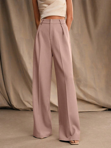 Anewsta Casual Straight High Waist Solid Color Trousers