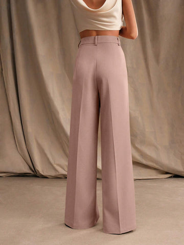 Anewsta Casual Straight High Waist Solid Color Trousers