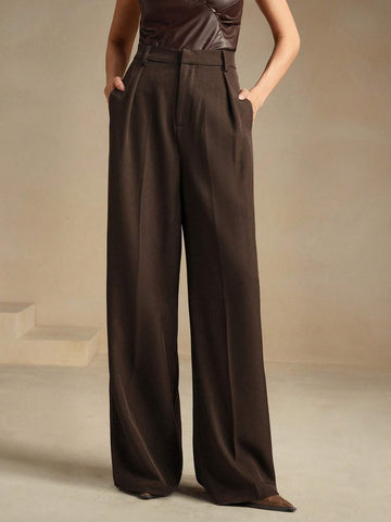 Anewsta Casual Straight High Waist Solid Color Trousers