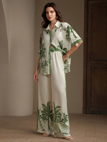 Elegant Loose Casual Vintage-Style Printed Blouse And Wide Leg Pants
