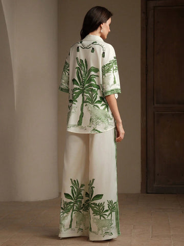 Elegant Loose Casual Vintage-Style Printed Blouse And Wide Leg Pants