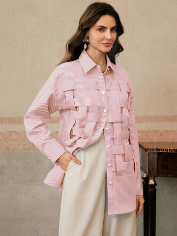 Women's Blue Striped Plaid Elegant Casual Loose Long Sleeve Blouse Shirt