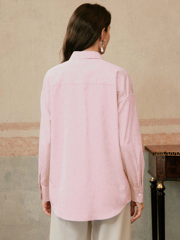 Women's Blue Striped Plaid Elegant Casual Loose Long Sleeve Blouse Shirt