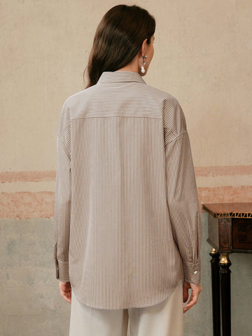 Women's Blue Striped Plaid Elegant Casual Loose Long Sleeve Blouse Shirt