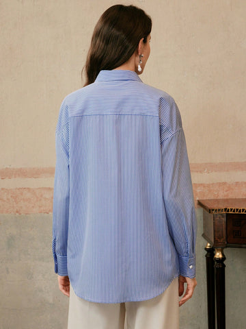 Women's Blue Striped Plaid Elegant Casual Loose Long Sleeve Blouse Shirt