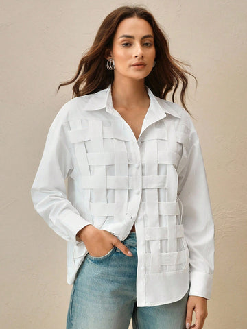 Women's Blue Striped Plaid Elegant Casual Loose Long Sleeve Blouse Shirt