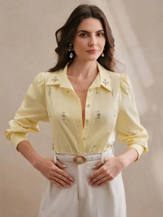 Anewsta Women's Wear Long Sleeve Rhinestone Button Blouse Women Shirt