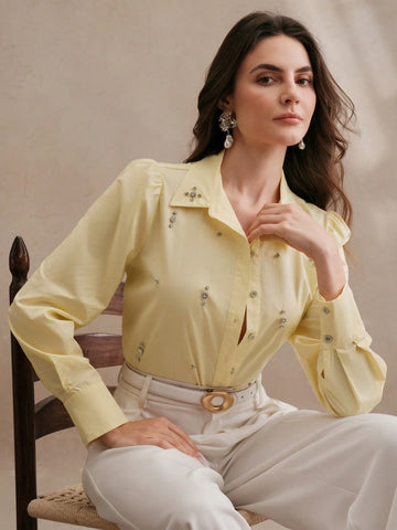 Anewsta Women's Wear Long Sleeve Rhinestone Button Blouse Women Shirt