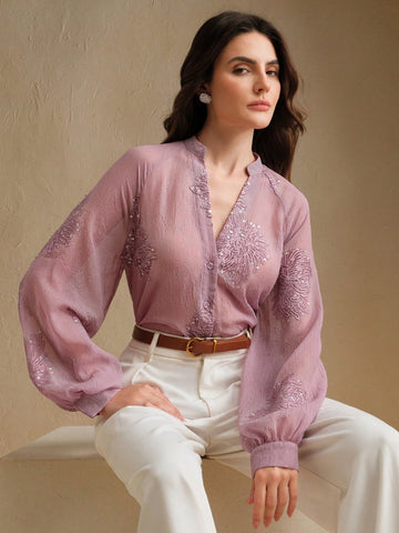 Anewsta Women's Embroidered Beaded V-Neck Long Sleeve Blouse