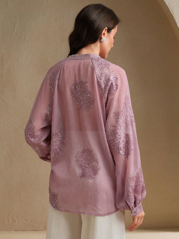 Anewsta Women's Embroidered Beaded V-Neck Long Sleeve Blouse