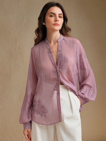 Anewsta Women's Embroidered Beaded V-Neck Long Sleeve Blouse