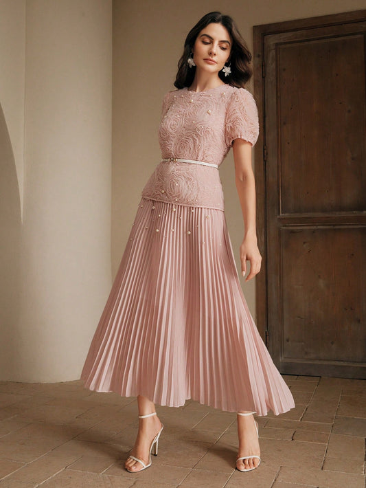 Women's Elegant Date Night Short Sleeve Pleated Puff Sleeve Floral Beaded Long Dress With Waist Detail