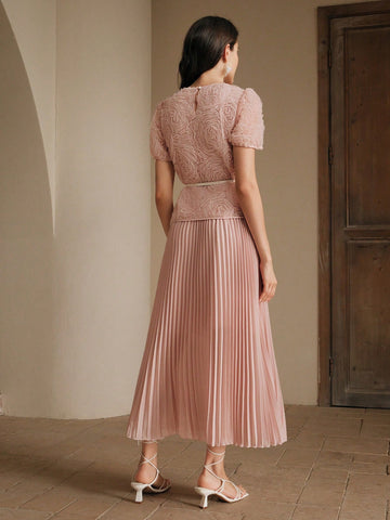 Women's Elegant Date Night Short Sleeve Pleated Puff Sleeve Floral Beaded Long Dress With Waist Detail