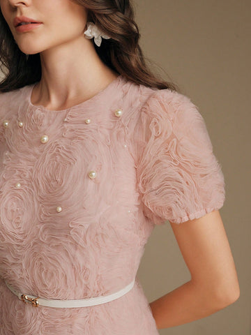 Women's Elegant Date Night Short Sleeve Pleated Puff Sleeve Floral Beaded Long Dress With Waist Detail