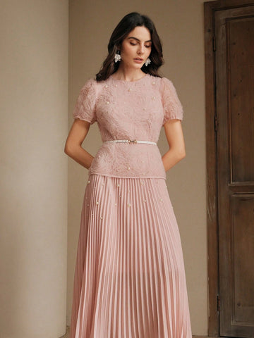 Women's Elegant Date Night Short Sleeve Pleated Puff Sleeve Floral Beaded Long Dress With Waist Detail