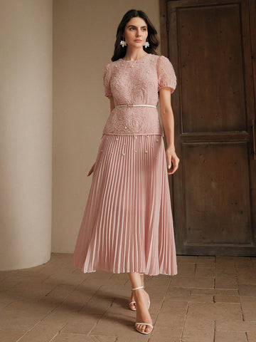 Women's Elegant Date Night Short Sleeve Pleated Puff Sleeve Floral Beaded Long Dress With Waist Detail