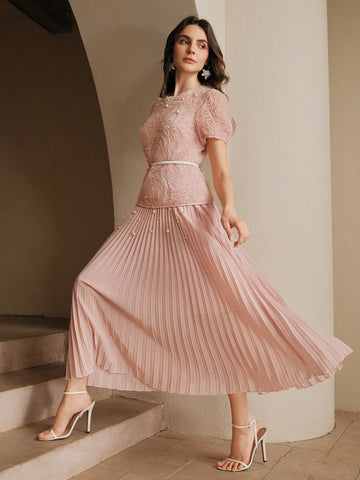 Women's Elegant Date Night Short Sleeve Pleated Puff Sleeve Floral Beaded Long Dress With Waist Detail