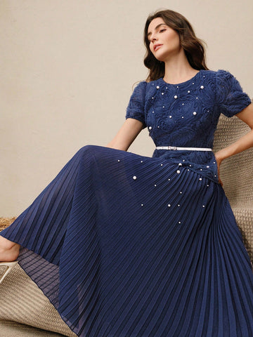 Women's Elegant Date Short Sleeve Pleated Puff Sleeve Embellished Floral Long Dress