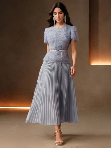 Women's Elegant Date Night Short Sleeve Pleated Puff Sleeve Floral Beaded Long Dress With Waist Detail