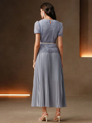 Women's Elegant Date Night Short Sleeve Pleated Puff Sleeve Floral Beaded Long Dress With Waist Detail
