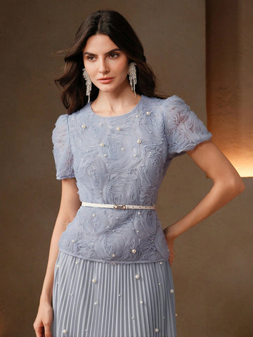 Women's Elegant Date Night Short Sleeve Pleated Puff Sleeve Floral Beaded Long Dress With Waist Detail