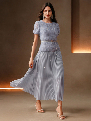 Women's Elegant Date Night Short Sleeve Pleated Puff Sleeve Floral Beaded Long Dress With Waist Detail