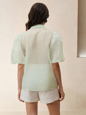 Women Fashion Puff Sleeve Rhinestone Decorated Blouse
