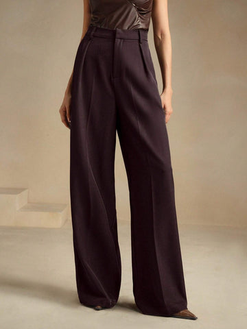 Anewsta Casual Straight High Waist Solid Color Trousers