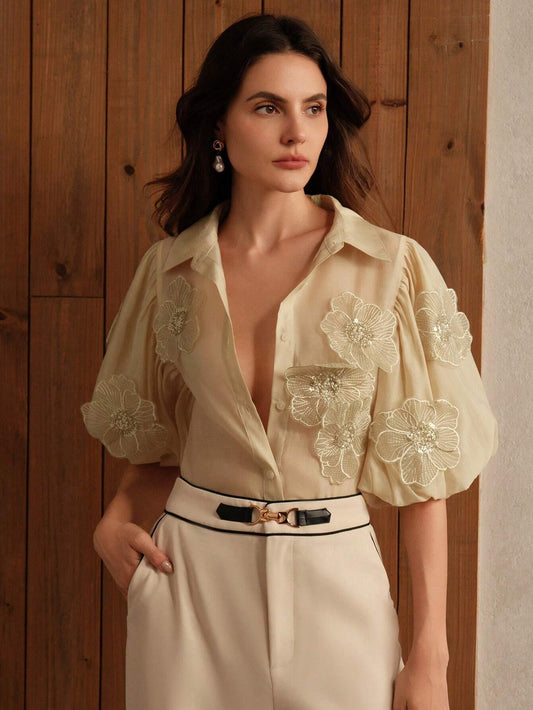 Women's Elegant Puff Sleeve Decorative Flower Mallard Color Blouse Women Shirt