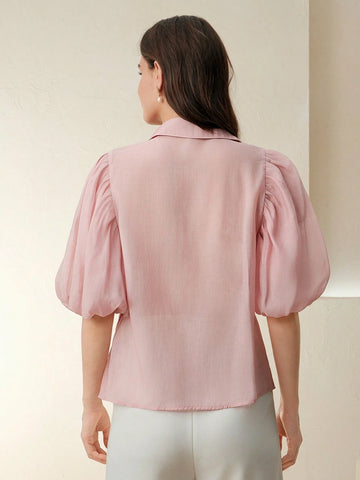 Women's Elegant Puff Sleeve Decorative Flower Mallard Color Blouse Women Shirt