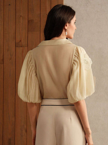 Women's Elegant Puff Sleeve Decorative Flower Mallard Color Blouse Women Shirt