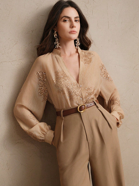 Anewsta Women's Embroidered Beaded V-Neck Long Sleeve Blouse