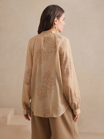 Anewsta Women's Embroidered Beaded V-Neck Long Sleeve Blouse