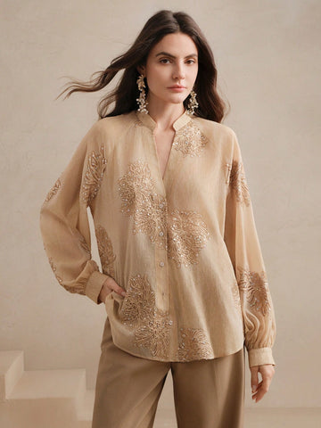 Anewsta Women's Embroidered Beaded V-Neck Long Sleeve Blouse