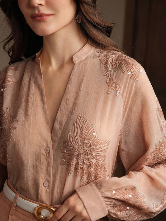 Anewsta Women's Embroidered Beaded V-Neck Long Sleeve Blouse