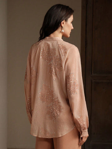 Anewsta Women's Embroidered Beaded V-Neck Long Sleeve Blouse