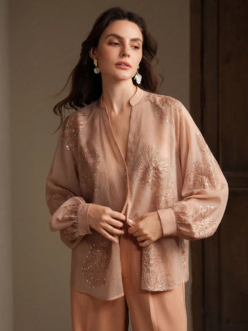 Anewsta Women's Embroidered Beaded V-Neck Long Sleeve Blouse
